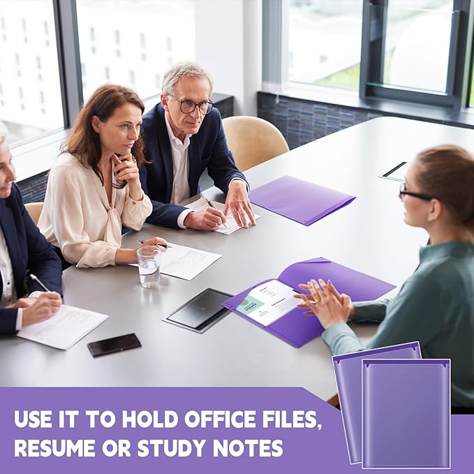 Henoyso 60 Pcs Plastic Folders with Clear Front Pockets Heavy Duty File Folders with 2 Pockets and Card Slot for Student Communication School Office Presentation Report (Purple)