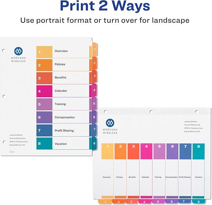 Avery 8 Tab Dividers for 3 Ring Binders, Customizable Table of Contents, Multicolor Tabs, 6 Sets (11186)