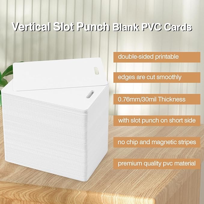 20 Pack Premium Blank PVC Cards with Slot Punch on Short Side - Vertical Slot Punch Blank ID Cards- CAETOUNG CR80 30 Mil Graphic Quality White Plastic Cards for Photo ID Badge Printers