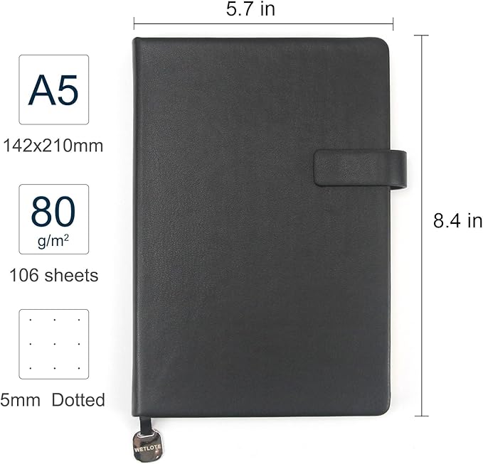 A5 Hard Cover Notebook with Pen Holder, Gold Edges & 180° Lay Flat - Large 5x8.25 Dot Grid, Bookmark, Gift Box - Durable Journal for Office, Study, Travel - Writers, Students(Black)
