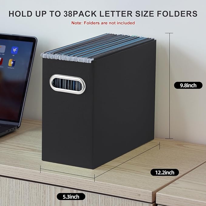 Oterri File Organizer, 4 Packs Small Storage Box, Cardboard File Folder Organizer, Collapsible File Box, Hanging File Organizer for Letter Size, Portable File Box with Handle, Only Box(Black)