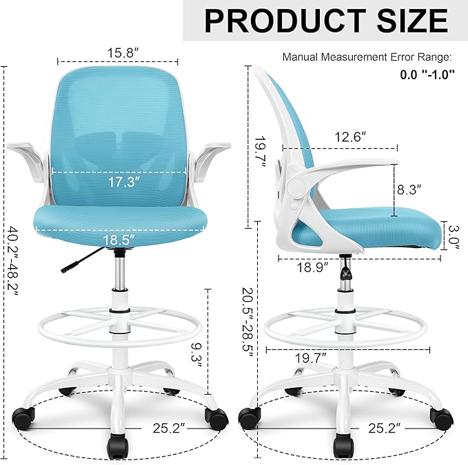 Primy Drafting Chair Tall Office Chair with Flip-up Armrests Executive Ergonomic Computer Standing Desk Chair with Lumbar Support and Adjustable Footrest Ring(Blue)