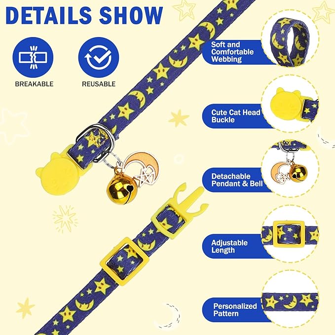SCENEREAL Cute Cat Collar with Bell Breakaway, 4 Pack Star and Moon Pendant Spring Pet Collar for Girl Boy Cats, Adjustable Safety Black Kitten Puppy Collars Size 8-12"