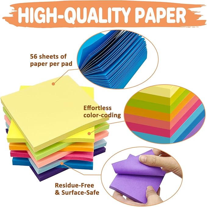 (9 Pack) Sticky Notes 3x3 Inches Colorful Sticky Notes,Super Sticking Power Bright Colors Self-Stick Pads,Easy to Post for School Supplies and Office Products,56 Sheets/Pad,504Sheets