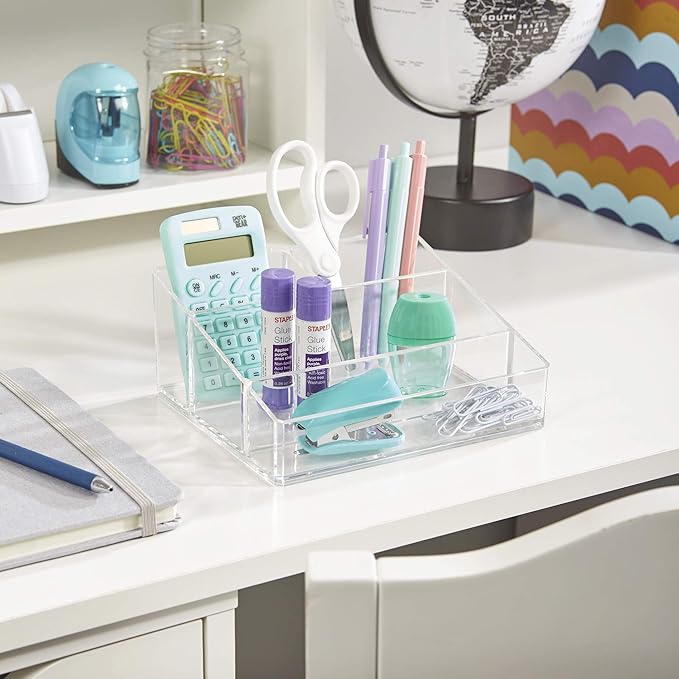 STORi Clear Plastic Vanity Makeup Organizer | Compact Rectangular 4-Compartment Holder for Brushes, Eyeshadow Palettes, & Beauty Supplies | Made in USA
