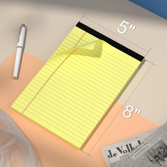 4 Pack Note Pads 5 x 8 Inch Yellow Legal Pads 5" x 8" College Ruled Writing Pads 80gsm Recycled Yellow Paper Notepad Small Legal Pads Perforated Pads of Paper 30 Sheets for To-Do Lists, Study, Office