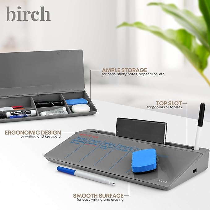 Birch Desktop Whiteboard with Storage & Multiple Markers Surface Desktop Glass Dry Erase Board Desk Top White Board Dry Erase Notepad Desk White Board Tabletop Desk Whiteboard (Charcoal)