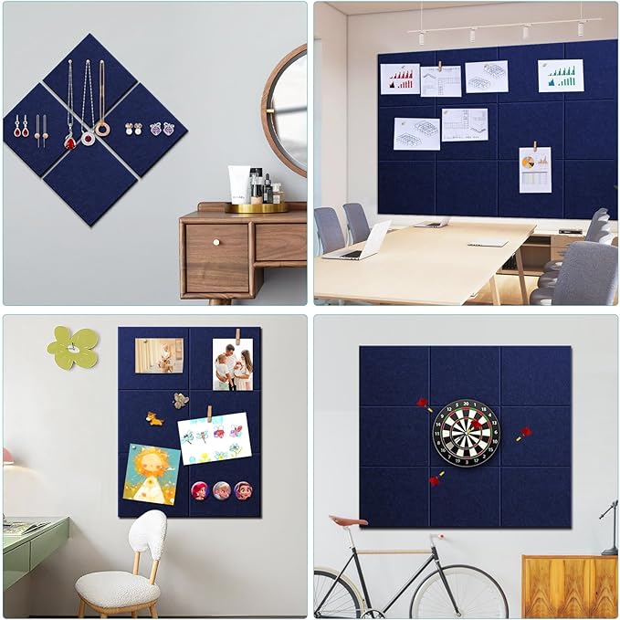 Large Cork Board Alternative - 48" x 36" Bulletin Board for Office - 12 Pack Felt Wall Tiles with Safe Removable Adhesive Tabs - Corkboard for Home & School Walls Decor - Navy Blue