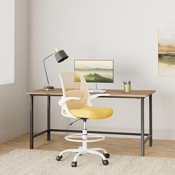 Primy Drafting Chair Tall Office Chair with Flip-up Armrests Executive Ergonomic Computer Standing Desk Chair with Lumbar Support and Adjustable Footrest Ring(Yellow)