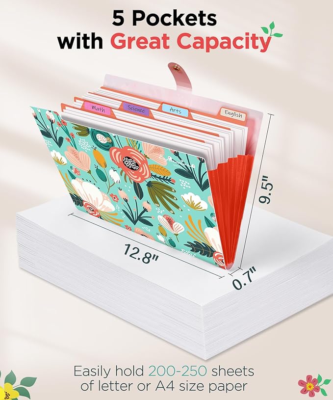 Sooez File Folders Organizer, Folders with 5 Pockets, Folders for Documents w/Sticker, Accordion File Organizer, Paper Receipt Bill Filing Organizer, School College Office Travel Essentials Supplies