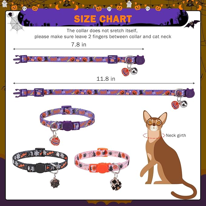 SCENEREAL Halloween Breakaway Cat Collar with Bells, Safety Buckle Soft Adjustable Cats Collars for Daily Wearing, Kitten Puppy Personalised Collars for Dogs Girl Boy