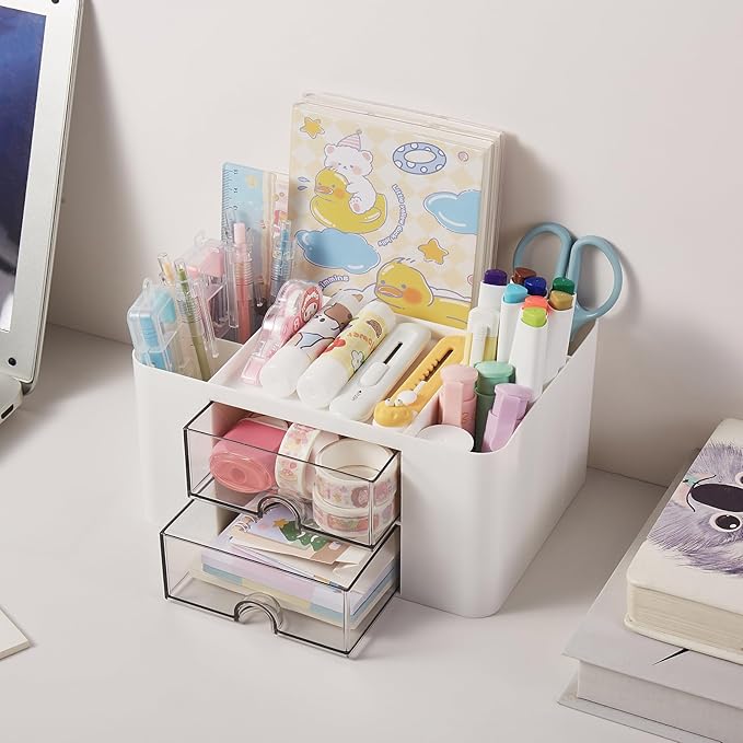 Pen Holder, Office Desk Organizer with Drawer, Pencil Holder for Desk Multi-Functional Pencil Pencil Cup Desktop Stationary Organizer Storage for Office School Home Art Supplies White