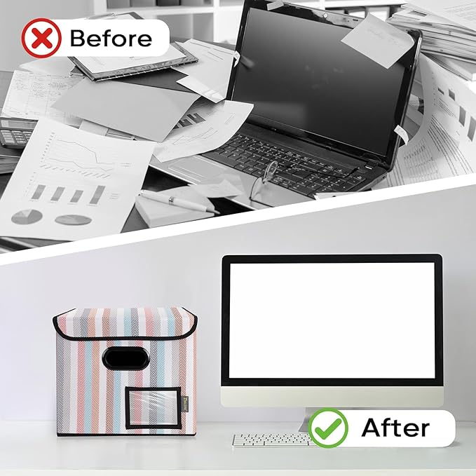 BALEINE File Organizer Box with Lid, Collapsible File Folder Organizer with Plastic Slide, Hanging File Folder Box for Office Document Storage (1 Pack, Color Stripe)