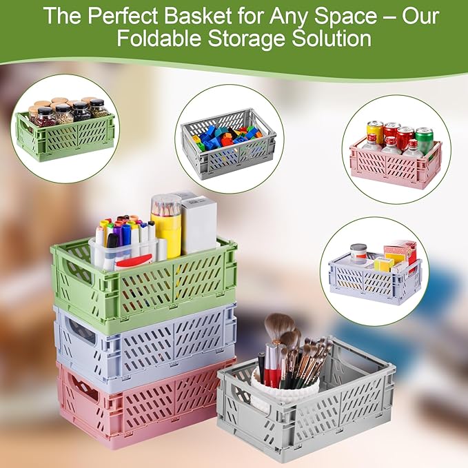 4-Pack Small Pastel Plastic Storage Baskets, Collapsible Crates for Organizing, Space-Saving Mini Bins for Classroom, Kitchen, Office, Bedroom (Green, 9.8" x 6.5" x 3.8")