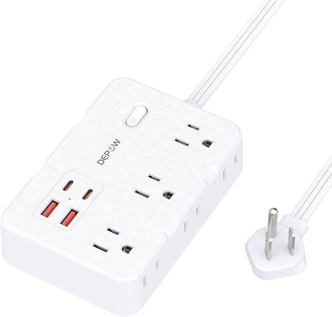 Surge Protector Power Strip with Flat Plug, 5 FT Extension Cord with 6 AC Outlets 4 USB Ports(2 USB-C),1050J Surge Protection, Wall Mountable Charging Station for Office, Home, White