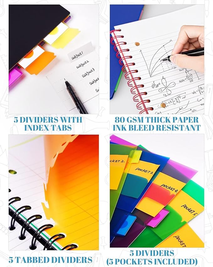 5 Subject Notebook - Spiral Notebook, College Ruled Notebook With Dividers Pocket, Tabs, 11" Ruler, 300 Pages, for Writing Journal, Home & Office, School Supplies, 8.5x11'' Purple150Sheets