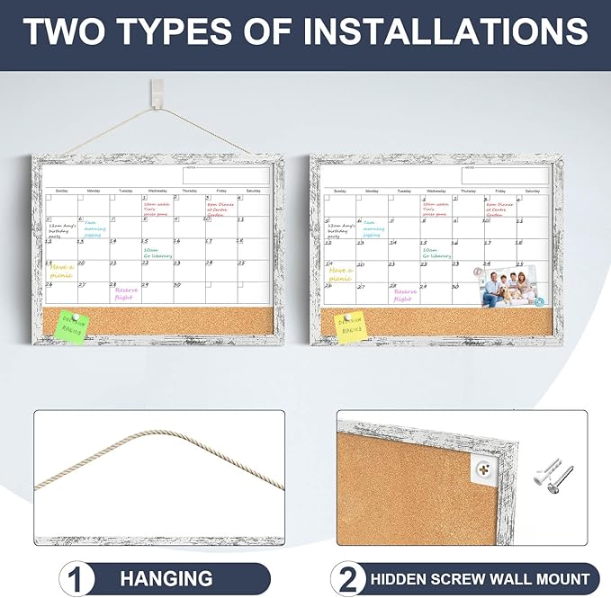 Dry Erase Calendar for Wall, 17"x13" Whiteboard Calendar Cork Board Combo, Magnetic White Board Monthly Calender with Wood Framed, Hanging Dry Erase Board for Office Kitchen Home Planner Memo