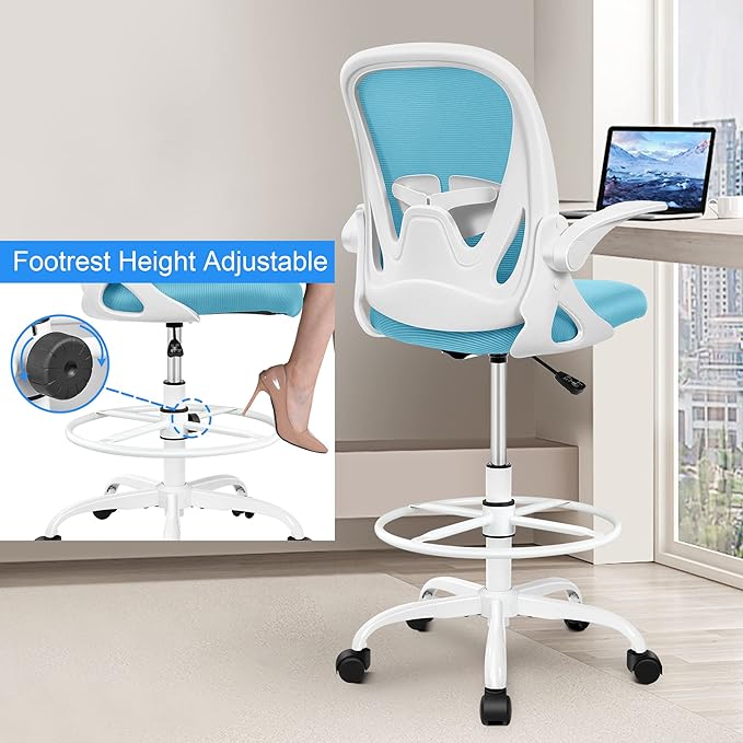 Primy Drafting Chair Tall Office Chair with Flip-up Armrests Executive Ergonomic Computer Standing Desk Chair with Lumbar Support and Adjustable Footrest Ring(Blue)