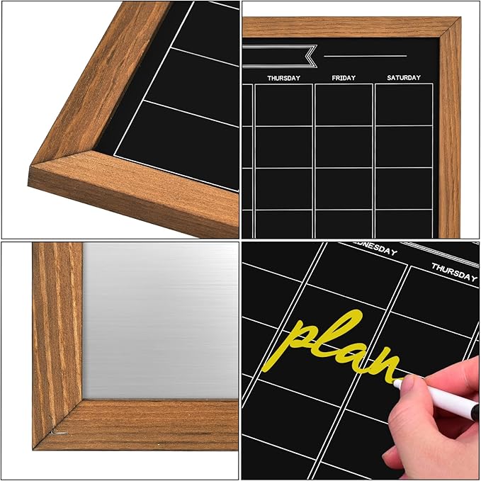 Calendar Chalkboard, 17.7" * 23.6", Magnetic Surface Rustic Brown Solid Pine Wood Frame Chalk Board for Planning/School Timetable/Memo, Hanging Board for Office, School and Home(YLHB-QZ-4560)