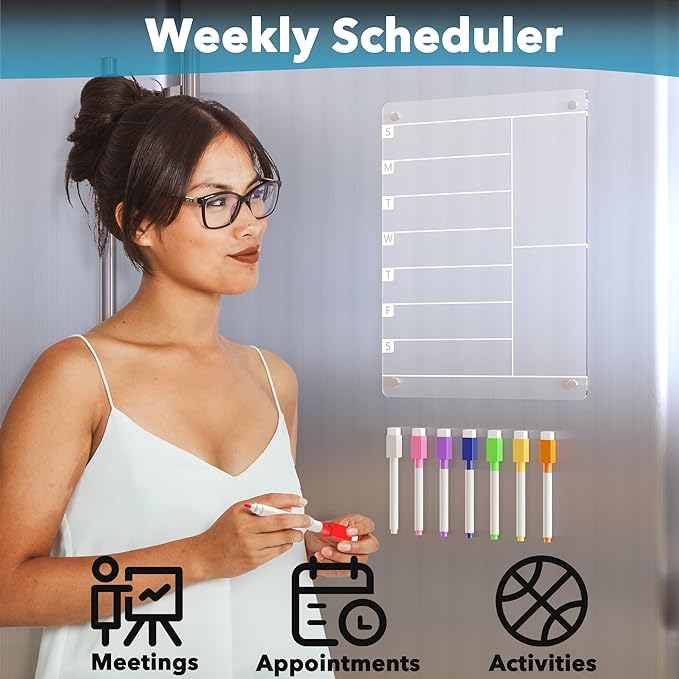 Acrylic Magnetic Meal Planner Menu Board for Kitchen Fridge w/ 8 Markers, Clear Refrigerator Weekly Dry Erase Calendar Planning Noteboard to Do/Grocery/Shopping List/Chore Chart/, 12"x9"