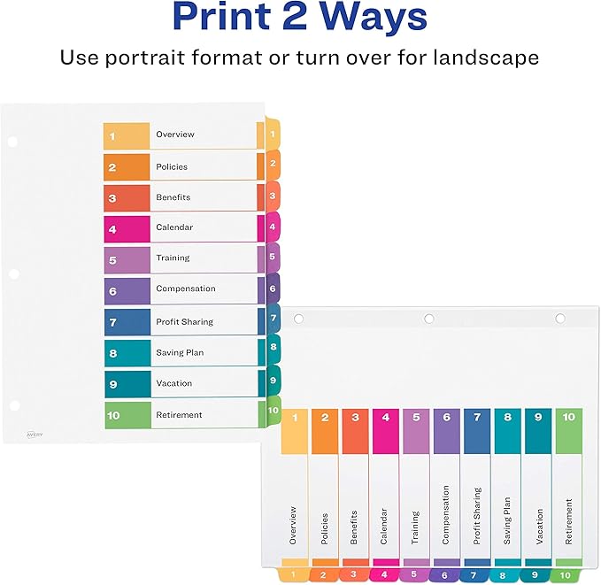 Avery 10 Tab Dividers for 3 Ring Binders, Customizable Table of Contents, Multicolor Tabs, 1 Set (11135)