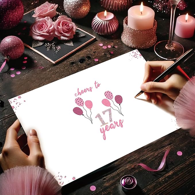 17th Birthday Card Gifts for Girls, Daughter, Niece, Granddaughter, 17th Birthday Decorations for Girls, Large Birthday Card for 17 Year Old, Funny Back in 2008 Birthday Card, Rose Pink Gold