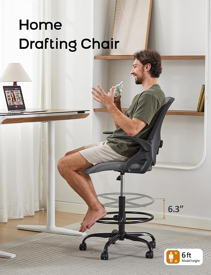 Drafting Chair Tall Office Chair with Flip-up Armrests Ergonomic Computer Standing Desk Chair with Comfy Lumbar Support and Adjustable Footrest Ring for Bar Height Desk(Black-Gray)