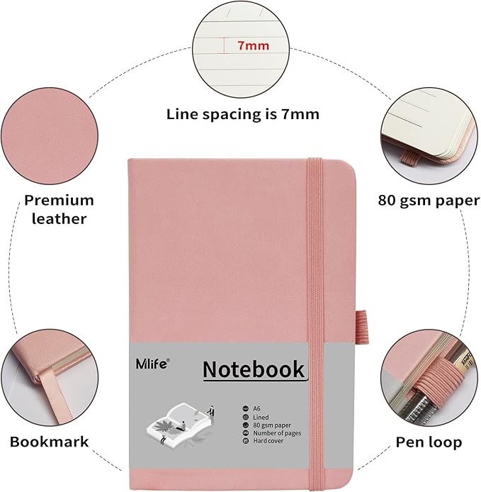 A6 Small Journal Notebook, Lined Pocket Notebook with Pen Holder, Mini Notebook Hardcover, 192 Pages, 3.9 inches * 5.5 inches Jurnal for Women and Man(1PACK Pink)