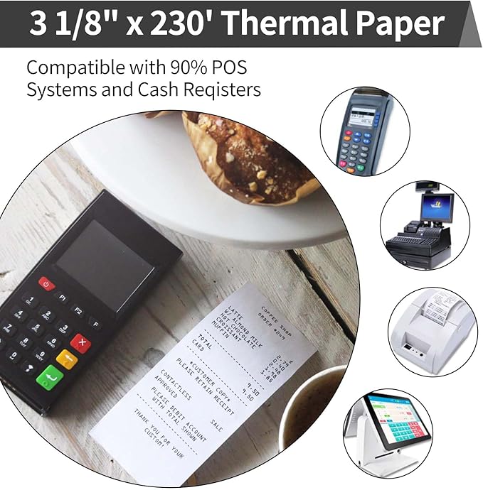 3-1/8 x 230ft Thermal Receipt Paper Rolls, Cash Register Paper Rolls, Thermal Paper for Cash Register/POS Terminals (5 Rolls)