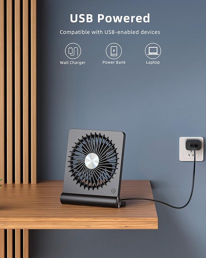Koonie Desk Fan, Strong Wind Ultra Quiet Small USB Fan 180° Tilt Folding 3 Speeds Adjustable USB-C Powered Personal Fan for Home Office Desktop Black
