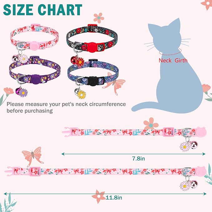 SCENEREAL Cute Cat Collars with Bells Breakaway, 4 Pack Floral Daisy Pendant Spring Summer Pet Collar for Girl Boy Cats, Adjustable Safety Pink Kitten Puppy Collars Flowers Set Size 8-12"