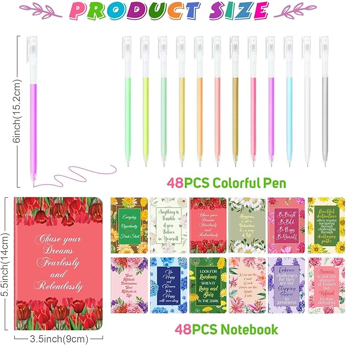 48 Pcs Mini Inspirational Notebooks Bulk with 48 Pcs Colorful Pens, Small Pocket Journal Notepads Set, Motivational Bulk Gifts for Women Men Teacher Student Kids,Fun School Office Supplies,3.5"x5.5"