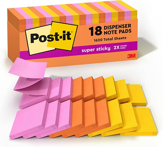 Post-it Super Sticky Dispenser Pop-up Notes, 18 Sticky Note Pads, 3 x 3 in., 2X The Sticking Power, School Supplies and Office Products, Use with Post-it Note Dispensers, Energy Boost Collection