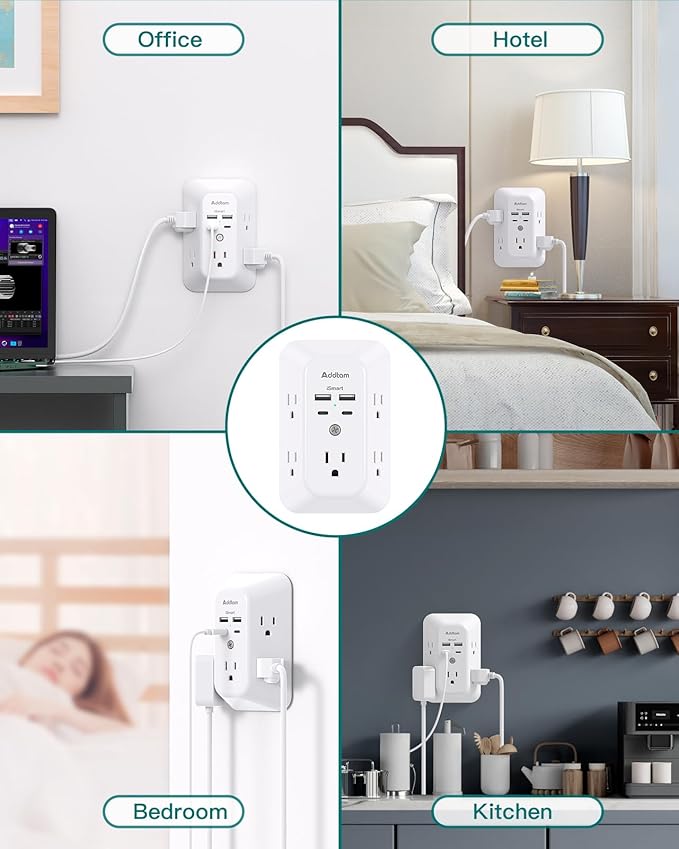 Outlet Extender Surge Protector - Addtam 5-Outlet Splitter with 4 USB Wall Charger(PD 20W), Multi Plug Wall Outlet Power Strip for Home, Dorm Room Essentials