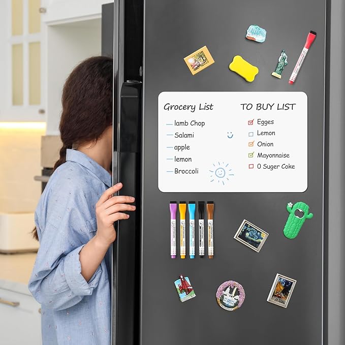 4 PACK Magnetic Dry Erase Board Sheet for Fridge, 12"x8" Erasable Refrigerator WhiteBoard w/ 6 Markers & 1 Eraser- Smooth and Flexible Small Magnet Blank Notepad for Home Kitchen Organizer and Planner
