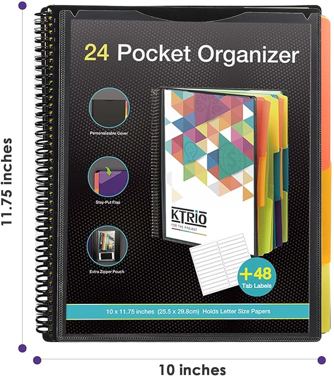 KTRIO 24 Pocket Poly Project Organizer, Spiral Binder Organizer Multi Pocket Folder with Dividers, Back Cover Utility Pouch, Letter Size School Supplies