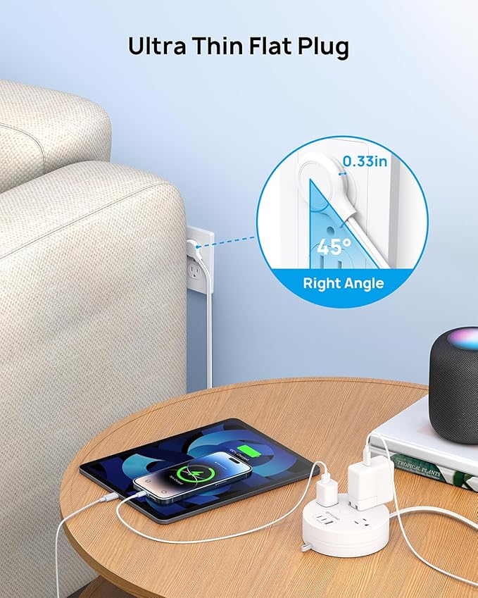TROND Flat Plug Power Strip - Extension Cord 10FT Semi-Retractable, Power Strip with 3 AC Outlets 3 USB Ports (2 USB C), Cruise Ship Essentials, Desktop Charging Station for Home, Hotel, Dorm