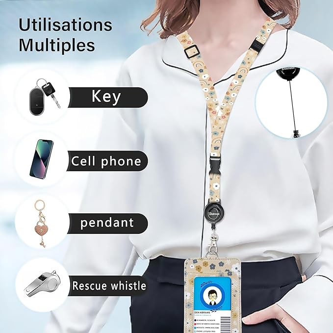 bolimoss Flowers Rainbows Badge Holder with Adjustable Retractable Lanyard, Cute Leather ID Name Badge Card Holder with Quick Release Buckle and Safety Breakaway Lanyards for ID Badges