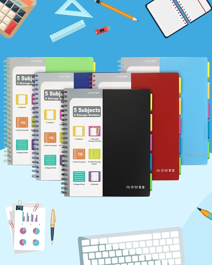 Spiral Notebook - 5 Subject Notebook, College Ruled Notebook With Dividers Pocket, Tabs Label, 11"Ruler, 300 Pages, for Writing Journal, Home & Office, School Supplies, 8.5''x11''Black 150sheets