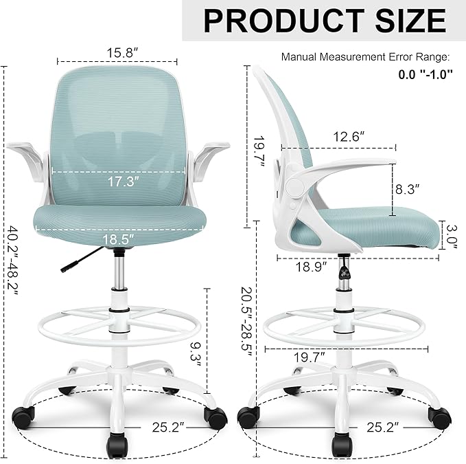 Primy Drafting Chair Tall Office Chair with Flip-up Armrests Executive Ergonomic Computer Standing Desk Chair with Lumbar Support and Adjustable Footrest Ring(Light Blue)