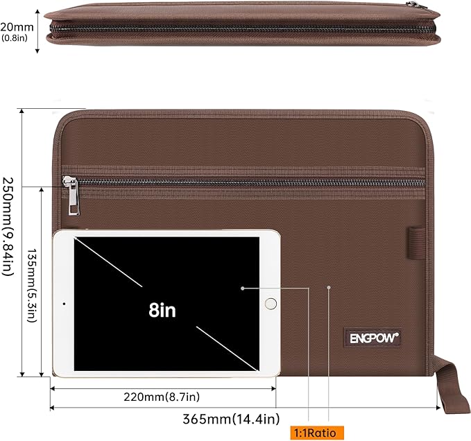 ENGPOW Accordion File Organizer,Fireproof 13 Pockets Expanding File Folder,Document Organizer Folder with Zipper&Labels,Portable Home Travel Safe Storage for Letter A4 Files and More,Brown