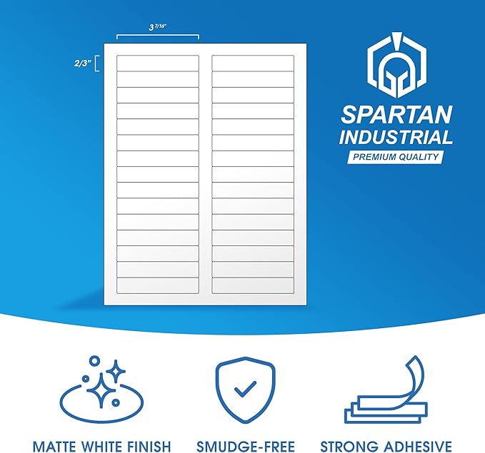 3 7/16" X 2/3" Matte White File Folder Labels Compatible with Inkjet and Laser Printers - 250 Sheets, 7500 Printable Paper Stickers for Return Addresses, Mailing, Organizing - Spartan Industrial