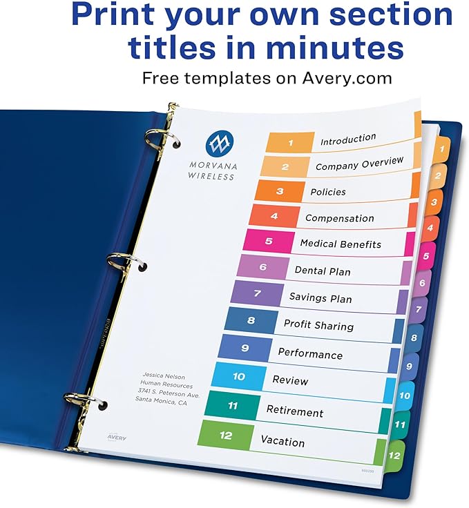 Avery 12 Tab Dividers for 3 Ring Binders, Customizable Table of Contents, Multicolor Tabs, 1 Set (11141)