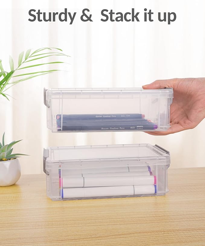 Sooez 6 Pack Extra Large Pencil Box, Plastic Pencil Case Crayon Box Bulk, Clear Marker Organizer Plastic Containers with Lid, Stackable Storage Box for Craft, Pen, Art, School Supply, Pink