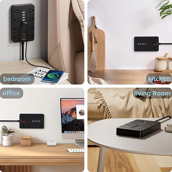 Power Strip with USB Ports, HUNIAN 5 Ft Extension Cord Flat Plug with 8 Outlets, 6 USB Charger(1 USB C Port), Indoor Desk Charging Station Surge Protector for Home and Office Accessories, Black