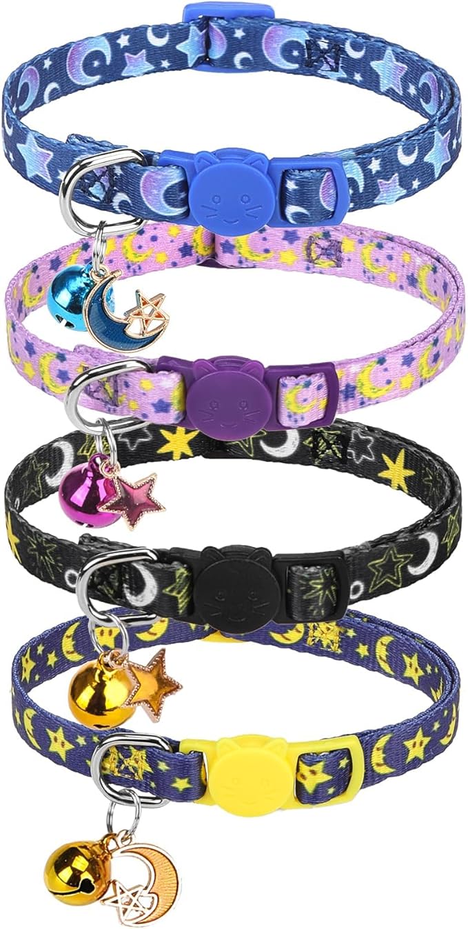 SCENEREAL Cute Cat Collar with Bell Breakaway, 4 Pack Star and Moon Pendant Spring Pet Collar for Girl Boy Cats, Adjustable Safety Black Kitten Puppy Collars Size 8-12"