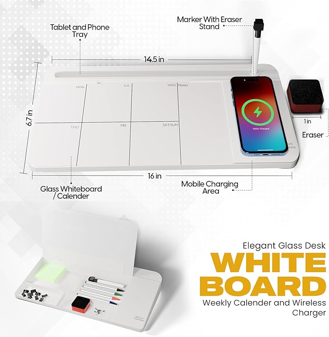 NEXTLUXE Glass Desk Whiteboard with Wireless Charger - Desktop Whiteboard with Storage, Weekly Planner, Dry Erase Pad, Organizer Drawer for Home, School, Office Gadgets – White