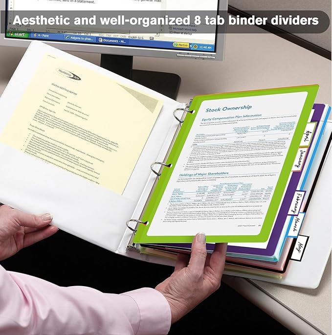 Habgp 96Pcs/12 Set 8 Tab Dividers for 3 Ring Binder, 96 Pcs Clear Color 3 Ring Binder Dividers with Tabs, Page Folder Dividers, Plastic Tabbed File Dividers with Tabs, Three Ring Binder Index Dividers