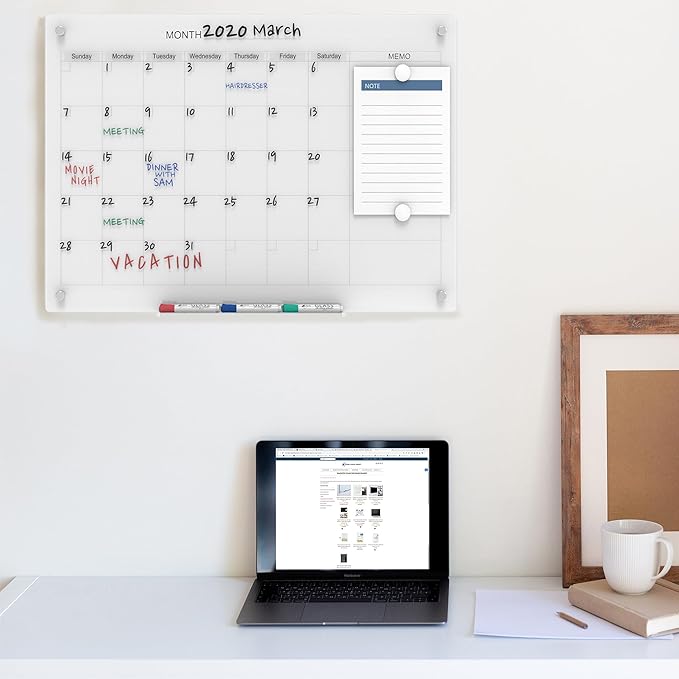 Audio-Visual Direct Magnetic Glass Dry Erase Board Set (3' x 2', Calendar Ultra White) for Wall - Monthly Planner