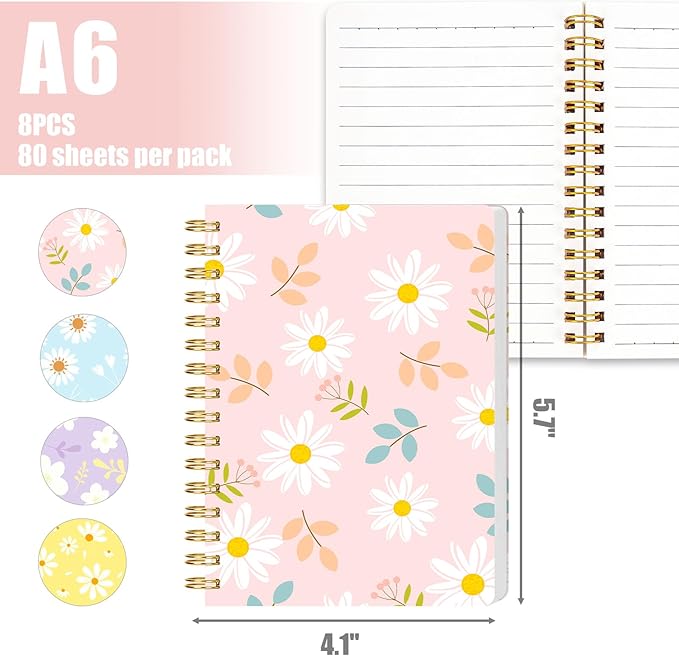 Koogel 8PCS Spiral Notebook Journals, A6 Hardcover Journal Notebooks, 80 Sheets/160 Pages Wirebound Diary Planner for School Office Home Gifts